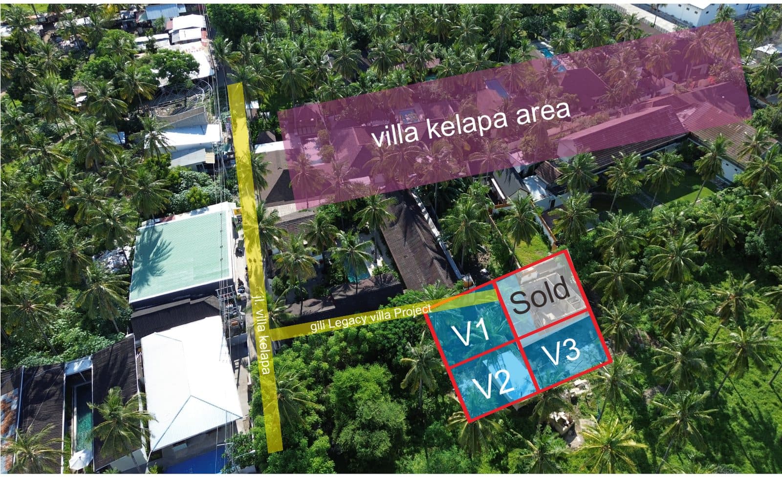 판매 완료 유닛과 구매 가능한 V1·V2·V3 빌라를 표시한 Seraphina Isles Villa 항공 유닛 배치도